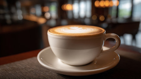 Warm cup of cappuccino with latte art in a cafe setting.の素材