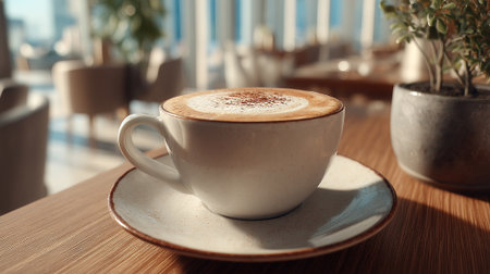 Elegant cappuccino with textured surface and a plant on a wooden table.の素材