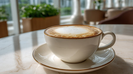 Creamy Cappuccino Coffee on Marble Table, Warm and Inviting Cafe Settingの素材