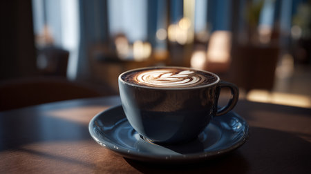 Exquisite Latte Art: A Cup of Coffee Enjoyment in a Cozy Ambienceの素材