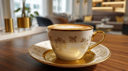 Elegant cup of coffee on a wooden table in a stylish loungeの素材