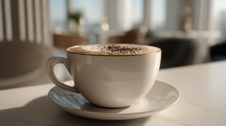 Elegant cappuccino with sprinkled cocoa powder on a white marble tableの素材