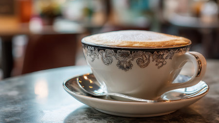 Elegant Cappuccino in Ornate Cup on Marble Table, Cafe Atmosphereの素材