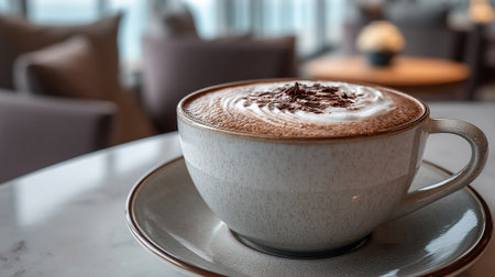 Delicious hot chocolate with whipped cream and chocolate shavings in restaurantの素材