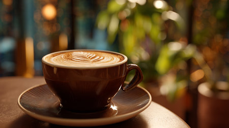 Elegant cappuccino with latte art in a brown cup near a windowの素材