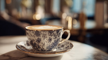 Elegant coffee cup with latte art sitting on marble tableの素材