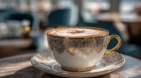Elegant Cappuccino in Gold-Trimmed Cup on Table with Blurred Backgroundの素材