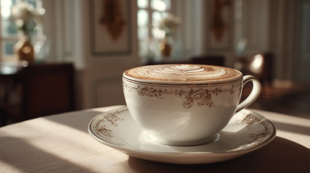 Elegant Cup of Coffee with Latte Art in a Bright Roomの素材