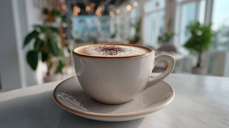 Cappuccino Delight: A Morning Coffee Break in a Modern Cafeの素材