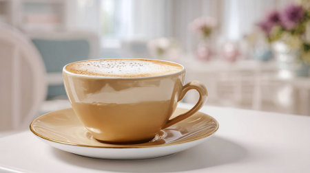 Delicate Cappuccino in Beige Cup on White Table with Floral Backgroundの素材