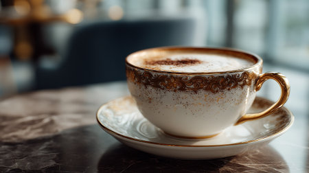 Elegant Cappuccino in a Gilded Cup on a Marble Tableの素材