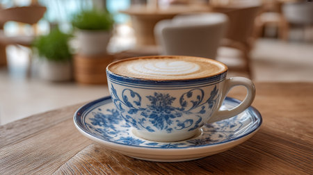 Latte Art in Ornate Cup on Wood Table in a Bright Cafeの素材