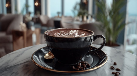 Elegant latte art coffee in a luxurious restaurant settingの素材