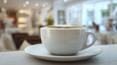 Steaming Coffee Cup on Table in Cafe with Bokeh Backgroundの素材