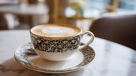 Elegant cup of cappuccino with latte art sitting on a marble tableの素材