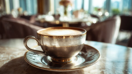 Elegant Cappuccino in Ornate Cup on Marble Table in Luxury Cafeの素材