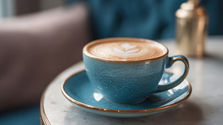 Beautiful Latte Art in a Blue Cup on a Marble Tableの素材