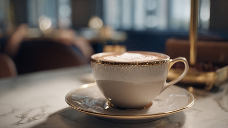 Elegant Coffee Cup with Latte Art on a Marble Tableの素材