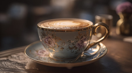 Elegant Coffee Cup Filled with Delicious Latte on a Wooden Tableの素材