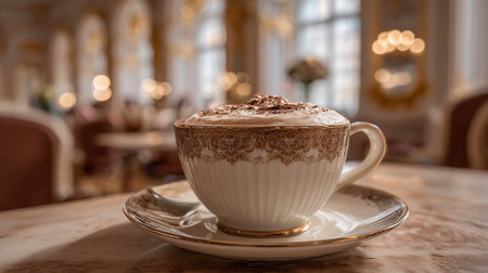 Cappuccino in Elegant Cup With Ornate Gold Design, in a Cafe Settingの素材