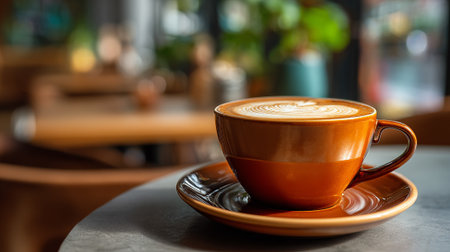Elegant Latte Art: An Exquisite Coffee Cup on Round Tableの素材