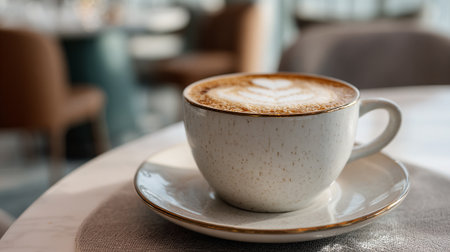 Latte Art Perfection: A Creamy Coffee Delight on a Stylish Tableの素材