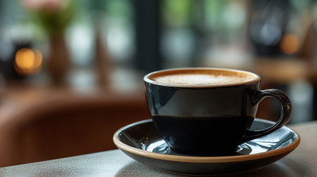 Black Cup of Cappuccino Sitting on Saucer in Cafe Settingの素材