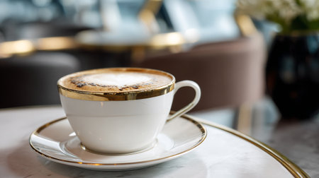 Elegant cappuccino with golden rim on a marble table in a cafeの素材