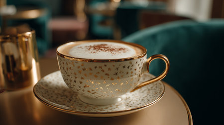 Elegant cappuccino with star patterned cup and golden accents, refined ambienceの素材