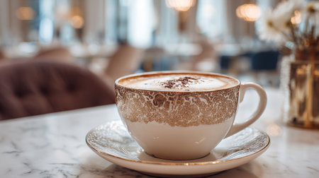 Elegant cappuccino with intricate gold pattern in a stylish cafe ambiance.の素材