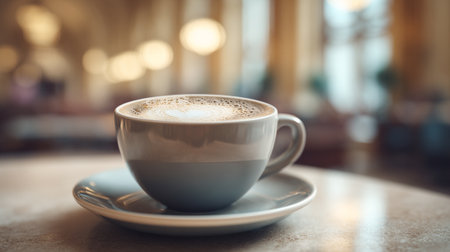 Elegant Cappuccino with Heart Latte Art on a Saucer in Cafeの素材