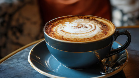 Elegant cup of cappuccino showcasing latte art in a cafe environmentの素材