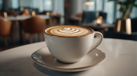 Delicious latte art in a modern cafe setting, perfect coffee breakの素材