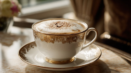 Elegant cappuccino served in ornate china cup and saucer on marble tableの素材