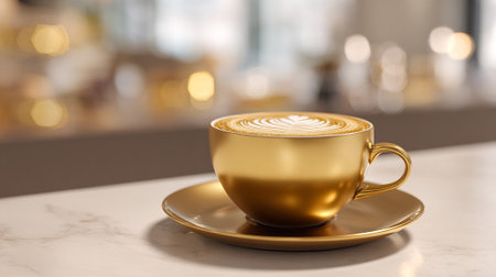 Exquisite Gold Coffee Cup with Latte Art on Marble Surfaceの素材