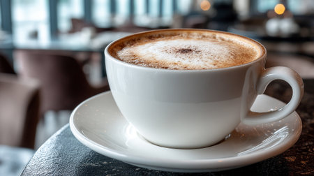Frothy cappuccino in a stylish white cup on a dark table.の素材