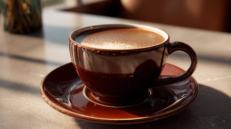 Elegant dark brown coffee cup and saucer basking in the morning sunlightの素材