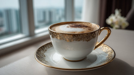 Elegant cappuccino in a golden rimmed cup beside the window.の素材