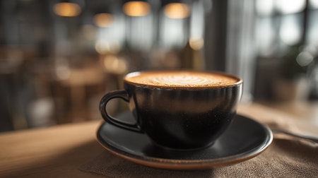 Elegant cup of coffee on a neutral-toned table in a coffee shop.の素材