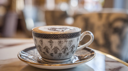 Elegant cappuccino in a patterned cup with froth art on marble tableの素材