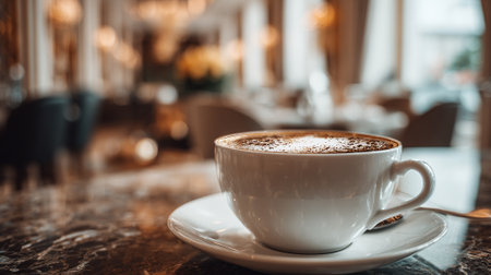 Elegant Coffee Cup on Marble Table in a Cozy Cafe Settingの素材