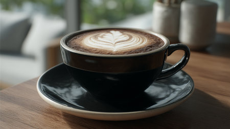 Exquisite latte art in a ceramic cup on a wooden table.の素材