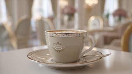 Elegant cup of coffee with latte art in a luxurious settingの素材