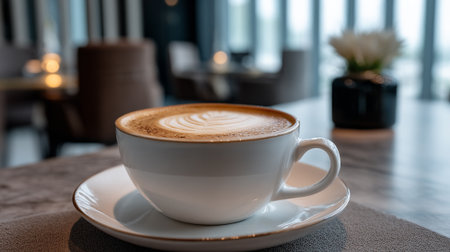 Latte Art Coffee in White Cup on Table in Modern Settingの素材