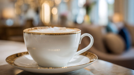 Elegant Coffee Cup with Golden Trim in a Cozy Settingの素材
