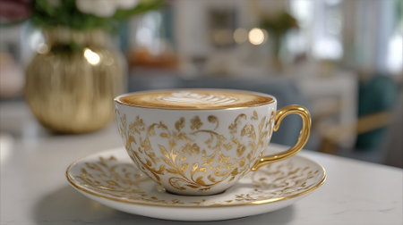 Elegant Latte Art in Ornate Cup on Marble Surface, Bright Backdropの素材