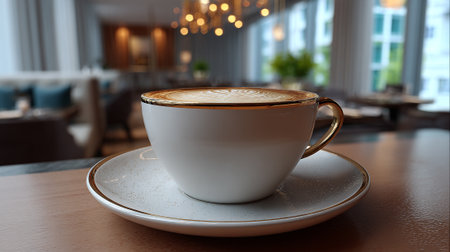 Elegant Coffee Cup with Latte Art in a Sophisticated Cafe Settingの素材