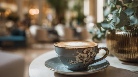 Elegant Coffee Break: Floral Cup with Latte Art in a Chic Cafeの素材