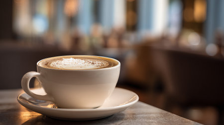 Delicious cappuccino with latte art sits on a table in a cafe.の素材