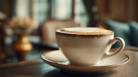 Cappuccino in Elegant White Cup, Soft Light and Gentle Ambienceの素材